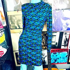 NEW Zara Geometric Blue and Green Dress With Shoulder Pads